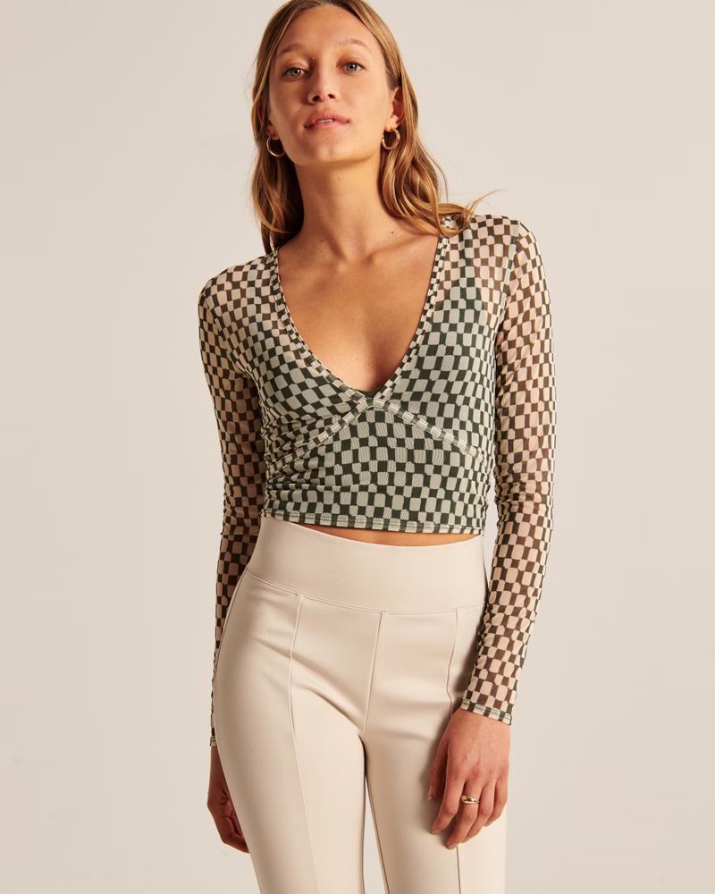 Long-Sleeve V-Neck Mesh Top | Abercrombie & Fitch (US)