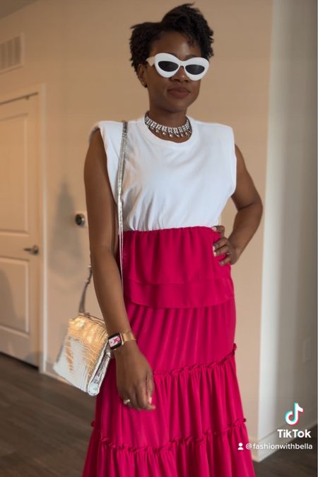 Casual tall girl outfit - white shoulder pad tee with pink tiered maxi skirt

#LTKSeasonal #LTKstyletip #LTKunder50