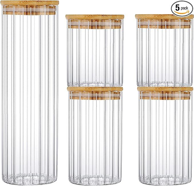 Glass Storage Jars Set of 5, Decorative Coffee Bar Canister Home Kitchen Stackable Container with... | Amazon (US)