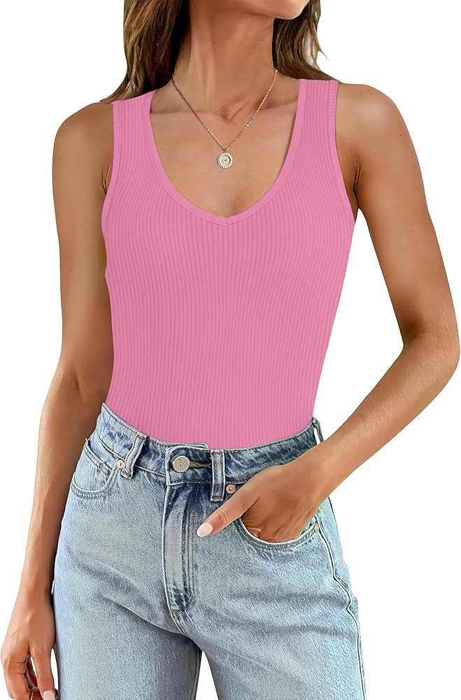 WIHOLL Womens Ribbed Tank Tops 2024 Summer V Neck Slim Fitted Tops Casual Basic Knit Sleeveless S... | Amazon (US)