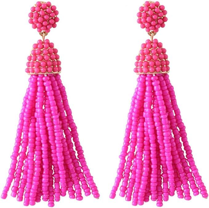 Amazon.com: NLCAC Women's Beaded tassel earrings Long Fringe Drop Earrings Dangle Fuchsia: Clothi... | Amazon (US)