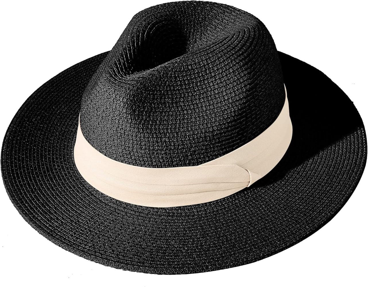 Lanzom Women Wide Brim Straw Panama Roll up Hat Fedora Beach Sun Hat UPF50+ | Amazon (US)