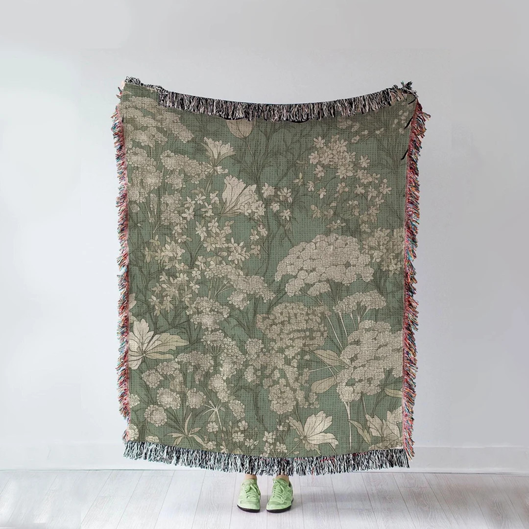 Green Vintage Floral Woven Blanket 100% Cotton 3 Sizes Available - Etsy | Etsy (US)