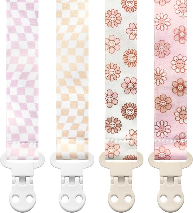 Stadela Baby Pacifier Clip Holder - Girl 4 Pack Gift Set – Retro Checker Smiley Flowers Floral ... | Amazon (US)