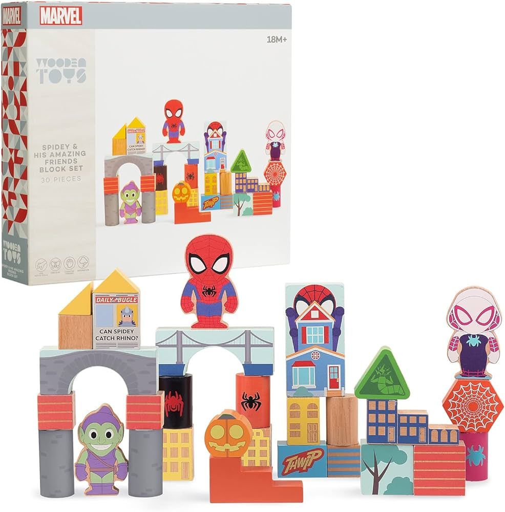 Disney Marvel Wooden Spidey and His Amazing Friends 30-Piece Block Set, Kids Toys for Ages 18 Mon... | Amazon (US)