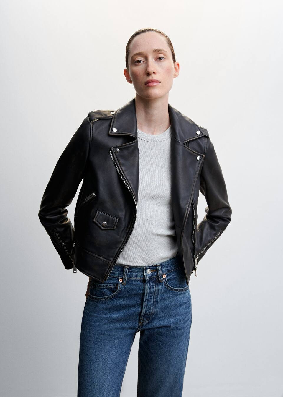 Leather jacket worn effect -  Women | Mango USA | MANGO (US)
