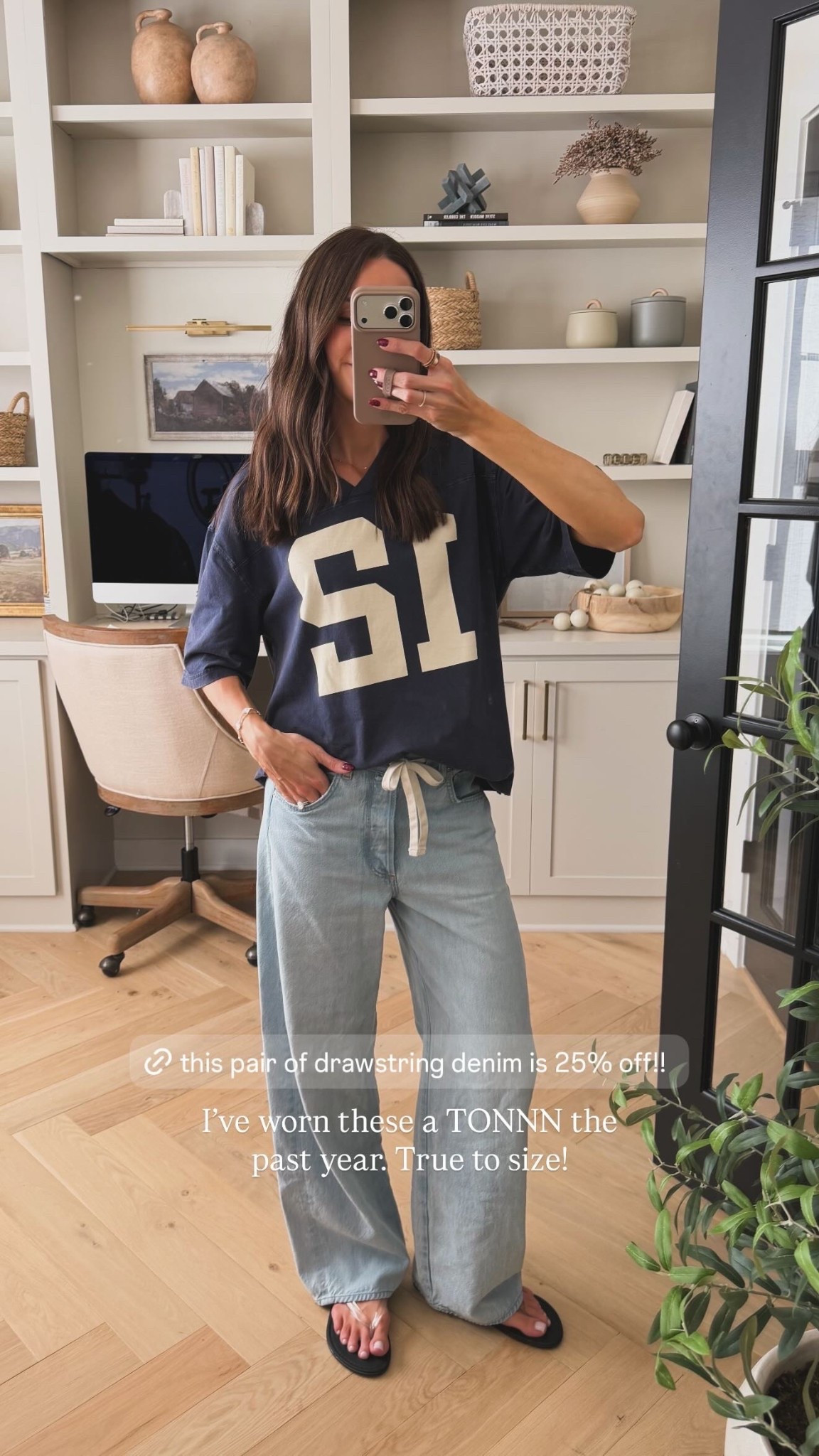 Jersey tee: true to size (S) 
Drawstring jeans: tts (wearing my previous true size 27 so they are pretty relaxed, 26 would be best fit! 
Flip flops: true to size 

#LTKSaleAlert #LTKmomlife #LTKootd