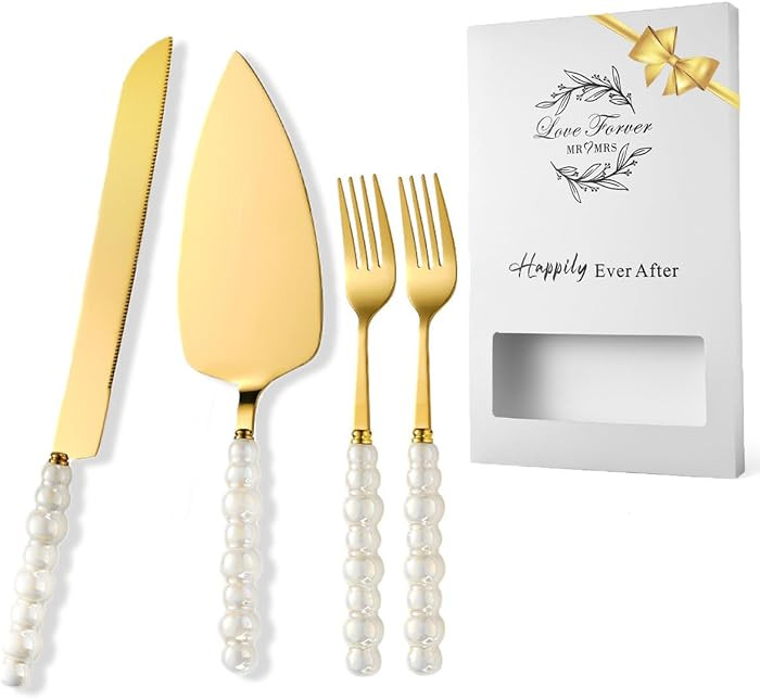 4 Pcs Wedding Cake Knife and Server Set, Ceramic Pearl Handle Cake Cutting Set for Wedding, Stain... | Amazon (US)