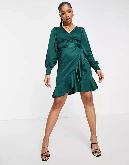 Style Cheat satin wrap mini dress in emerald | ASOS (Global)