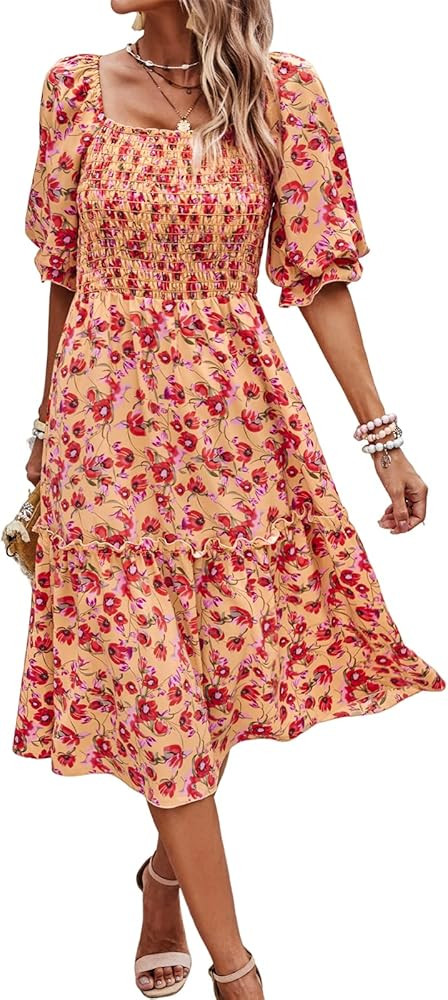 PRETTYGARDEN Women's Summer Casual Midi Dress Spring Puff Sleeve Square Neck A-line Flowy Boho Fl... | Amazon (US)