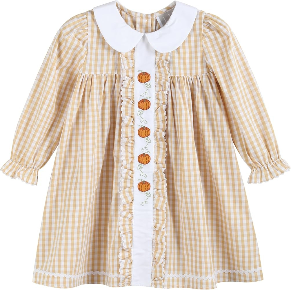 Baby and Girls Light Brown Gingham Pumpkin Vine Ruffle Dress | Amazon (US)