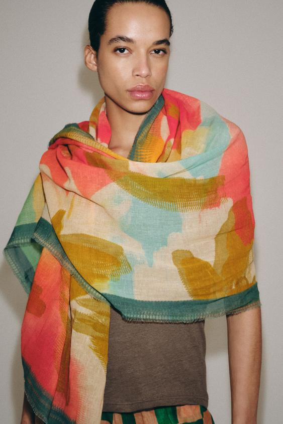 WATERCOLOR PRINT LINEN SCARF | Zara US