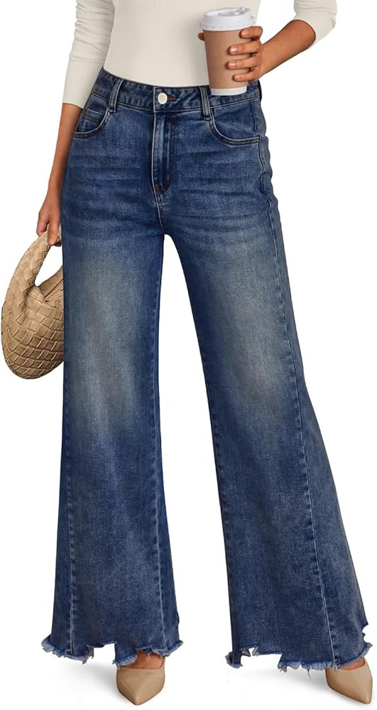 Trendy Queen Women's Wide Leg Jeans Stretchy High Waisted Straight Leg with Raw Hem Baggy Denim P... | Amazon (US)