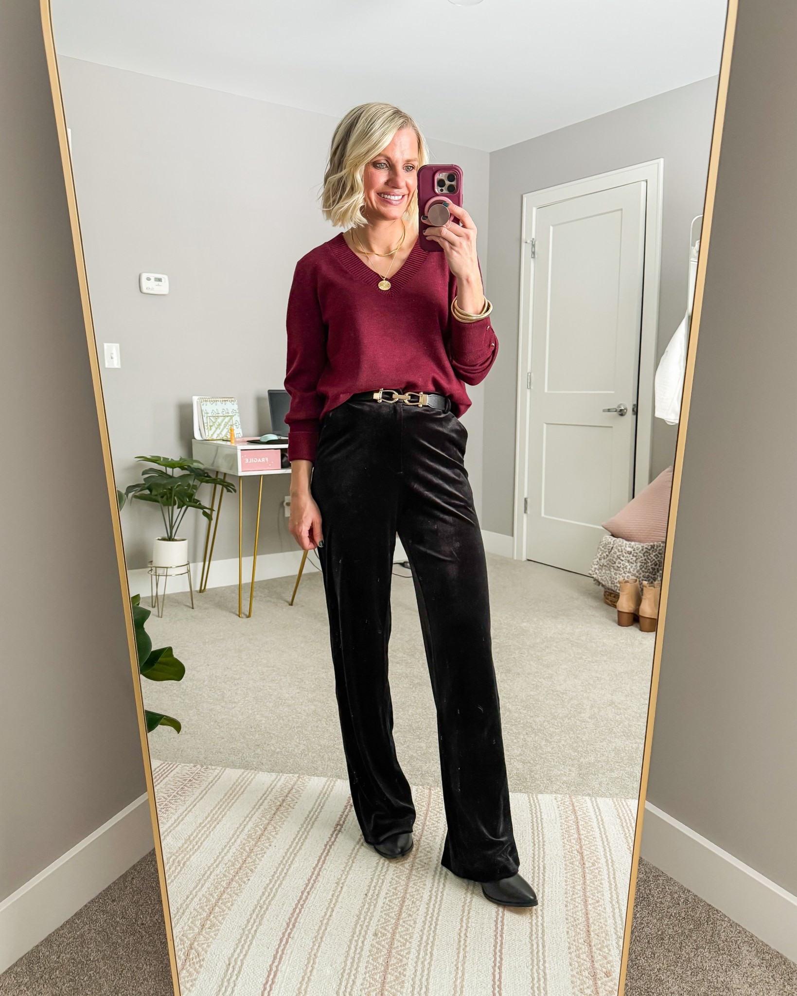 Holiday party outfit idea with velvet pants and a burgundy sweater! 
Sweater- small
Pants- xxsmall (code: THRIFTYWIFE10)

#LTKPetite #LTKHoliday #LTKSeasonal