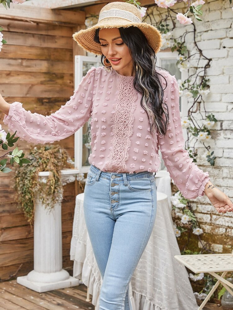 Swiss Dot Contrast Lace Chiffon Blouse | SHEIN