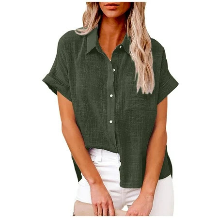 BXJX Button Up Shirts for Women Short Sleeve Cotton Linen Lapel Solid Color Loose Summer Shirt Blouse Army Green Size 3XL | Walmart (US)