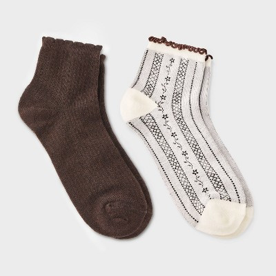 Women's Lettuce Edged 2pk Floral Stripe Anklet Socks - A New Day™ Ivory 4-10 | Target
