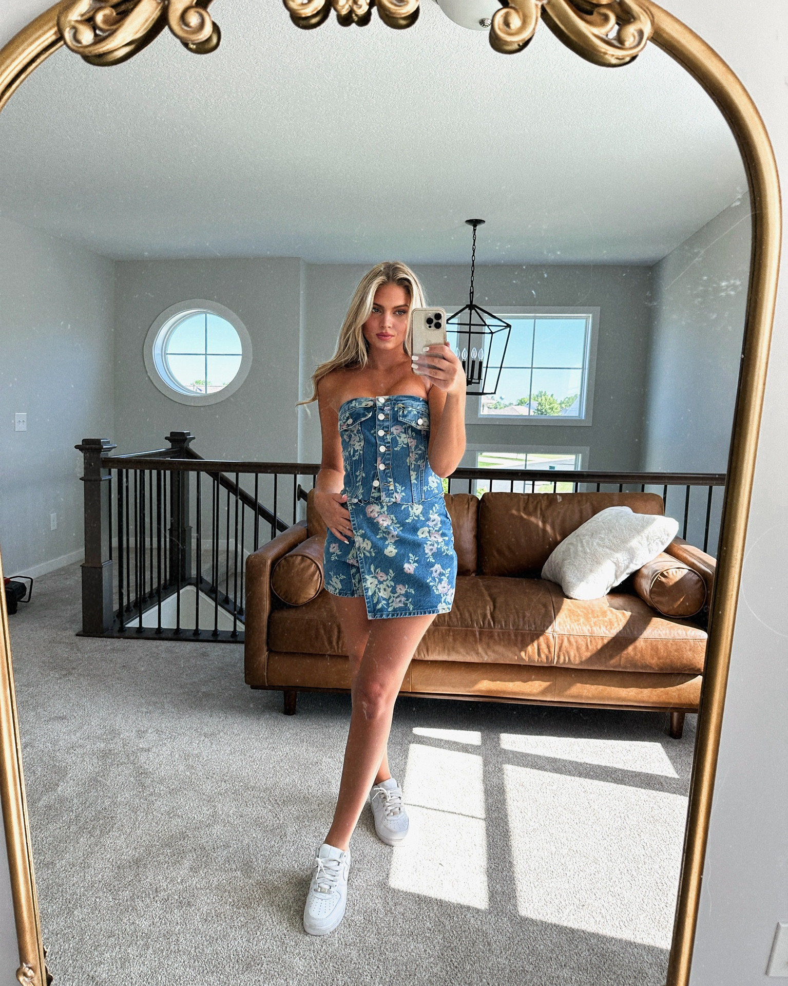 denim floral top and denim floral skort and nike supreme sneakers 