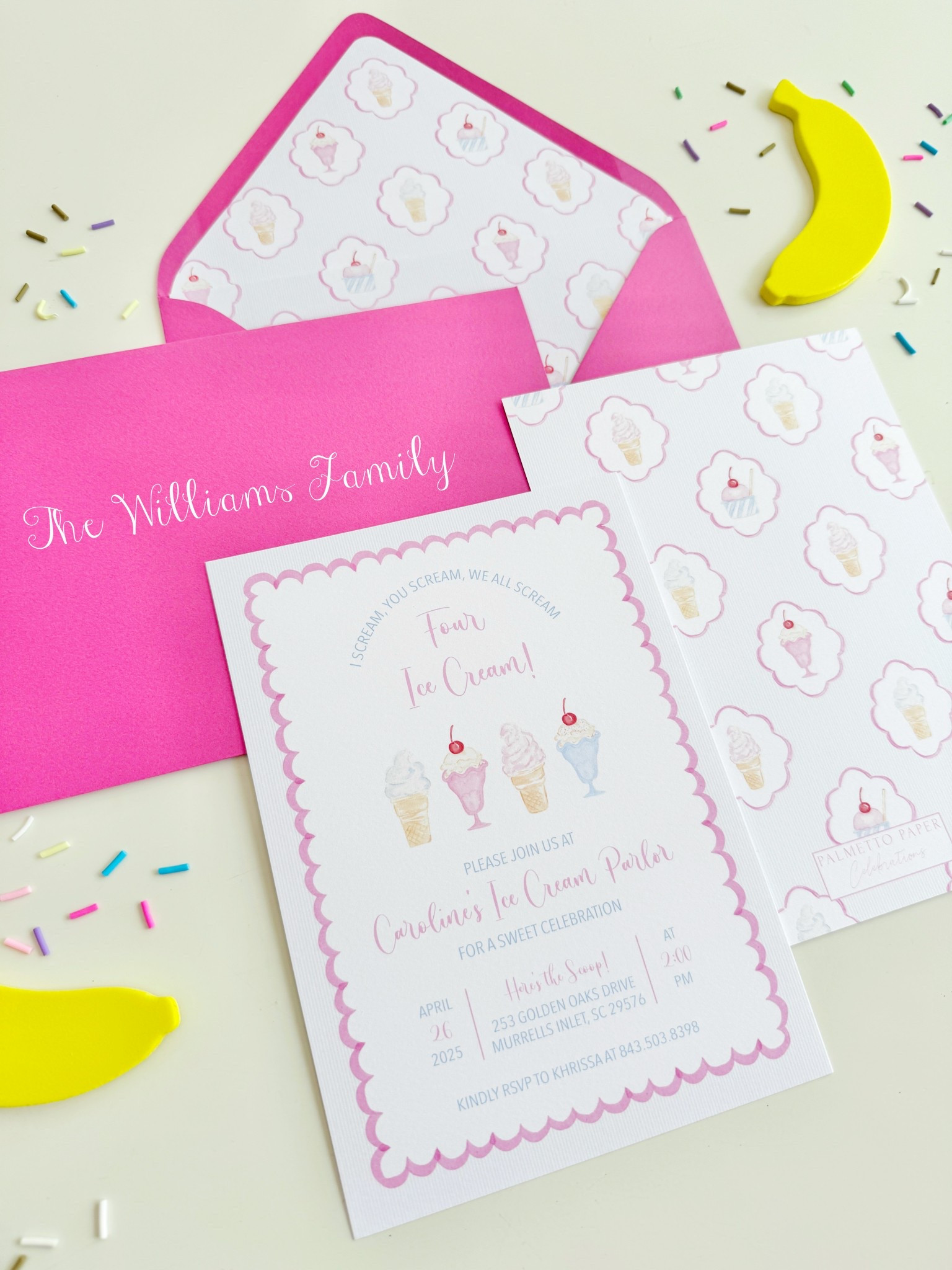 I scream, you scream, we all scream FOUR ice cream! 🍦🍒

The sweetest ice cream invitations with a thin blue pinstripe background from Palmetto Paper Celebrations! Get the coordinating favor tags and fill-in thank you notes to complete the suite! Excellent quality!