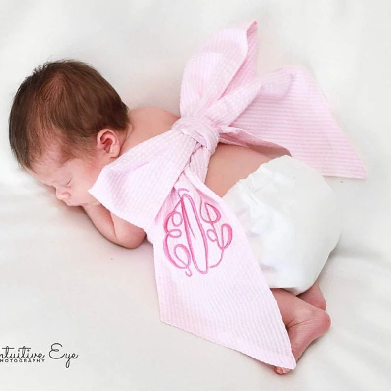 Monogrammed Newborn Infant Baby Seersucker Bow Sash Blanket - Etsy | Etsy (US)