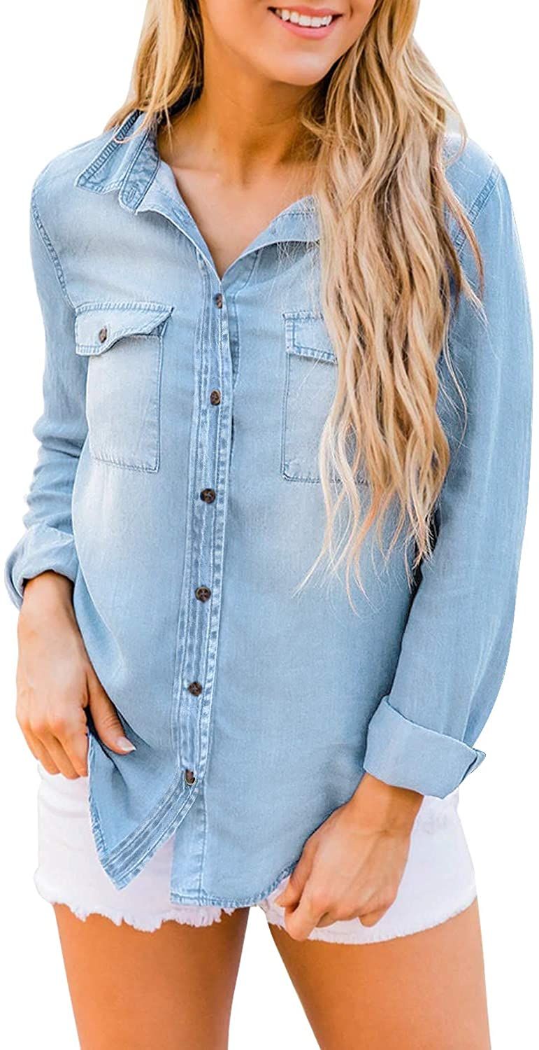 luvamia Women Blue Jean Denim Long Sleeve Shirt Tops Blouse, Size S-2XL | Walmart (US)