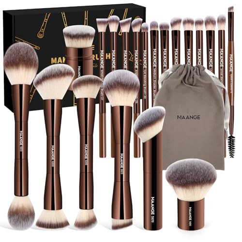 MAANGE 20 PCS Foundation Makeup Brush Set, Double-ended Kabuki Contour Brush for Liquid Powder Concealer Blending Blush Face Makeup Tools with Gift Box (Coffee) | Amazon (US)