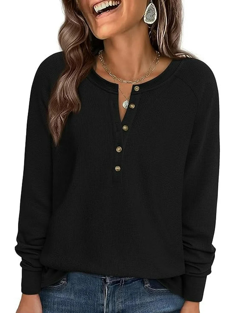 PRETTYGARDEN Women's Long Sleeve Waffle Knit Shirts Fall Casual Button Up Henley V Neck Tunic Top... | Walmart (US)