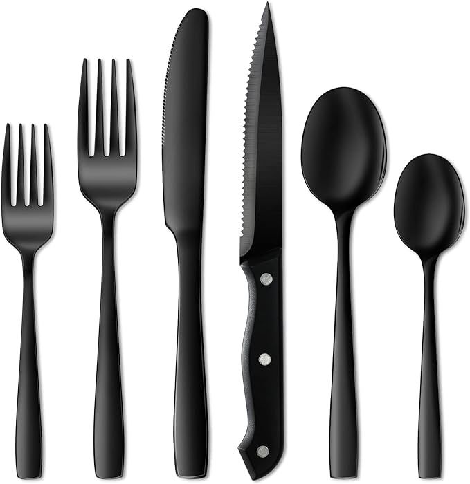 NETANY 24 Pieces Black Silverware Set, Black Flatware Set, Food-Grade Stainless Steel Cutlery Set... | Amazon (US)