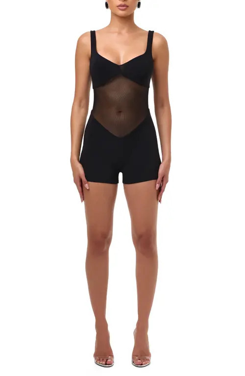 Naked Wardrobe Hourglass Mesh Tank Romper in Black at Nordstrom, Size X-Large | Nordstrom