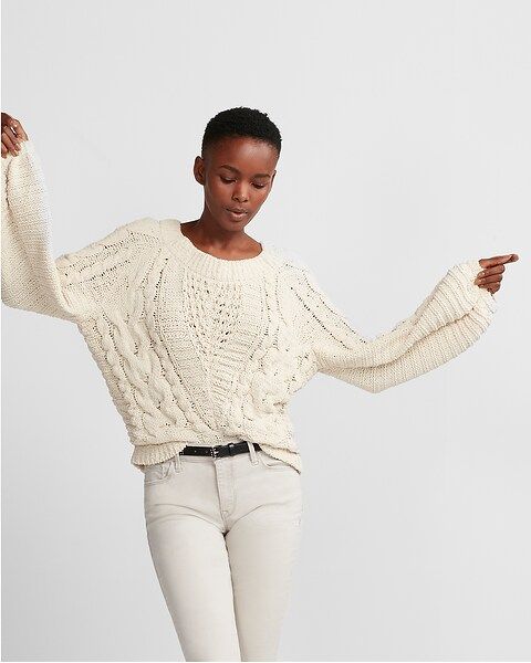Cable Knit Matte Chenille Balloon Sleeve Sweater | Express