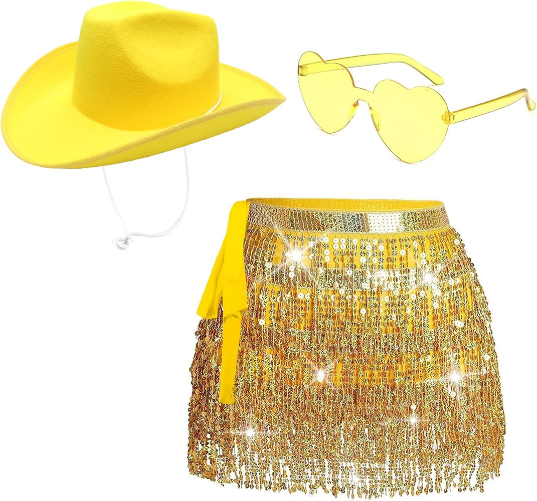 Sequin Skirt with Cowgirl Hat for Women - Sparkly Glitter Belly Dancing Skirt, Tassel Skirt with ... | Amazon (US)