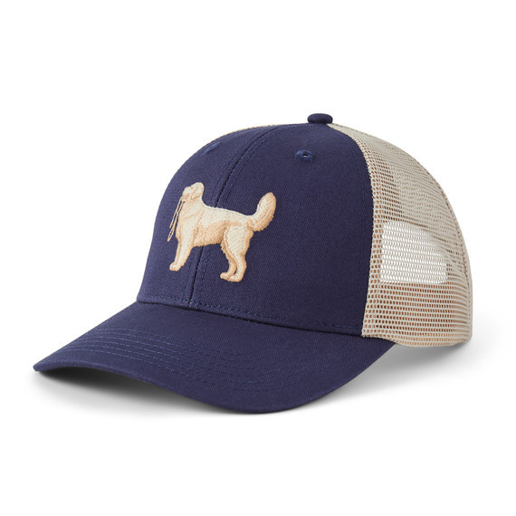 Life is Good Folder Retriever with Leash Trucker Hat in Darkest Blue | Life is Good