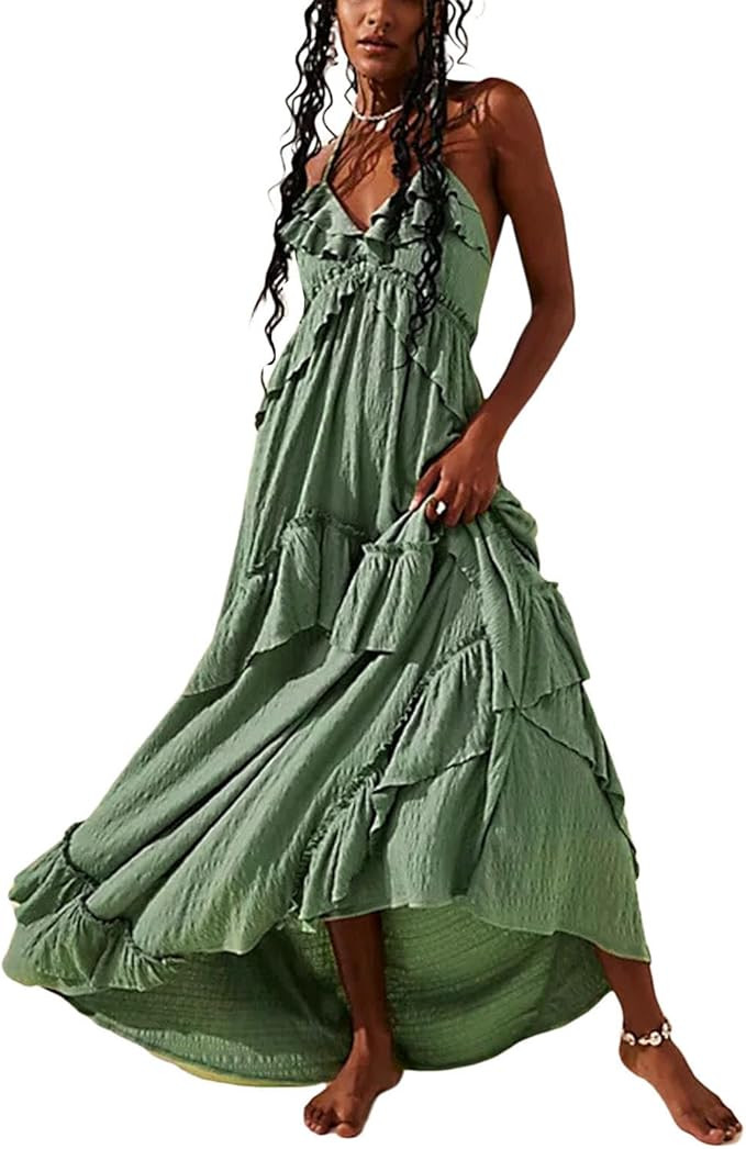 Womens Summer Spaghetti Strap Long Dress Boho Low Cut Dress Backless Bodycon Midi Dress Bohemian ... | Amazon (US)