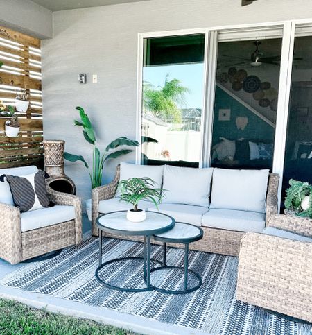 Outdoor patio furniture and rug for summer coming up… I may get a new rug and pillows eventually but for now using the same black and cream from last summer I love and held up so good. This Walmart patio set we have had 5 years now love it #patioset #patiofurniture #outdoor #summer #outdoorfurniture #walmart #walmarthome #outdoorrug #outdoordecor 

#LTKstyletip #LTKSeasonal #LTKhome