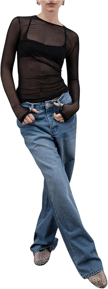 SHENHE Women's Sexy Sheer Mesh Top Thumb Hole Long Sleeve Shirt See Through Club Party Top | Amazon (US)