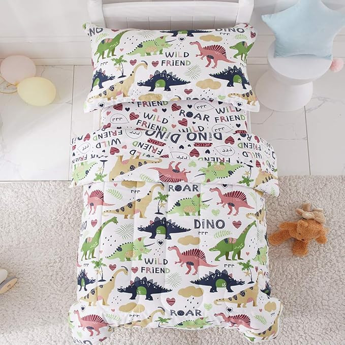 Joyreap 4 Piece Toddler Bedding Set, Dinosaur Theme Printed on White, Standard Size Includes Quil... | Amazon (US)