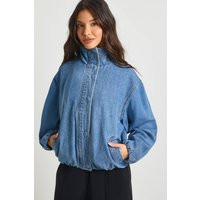 boohoo Women's Funnel Neck Denim Bomber Jacket in Mid Blue | Size: 12 | Denim/Cotton | boohoo (US & Canada)