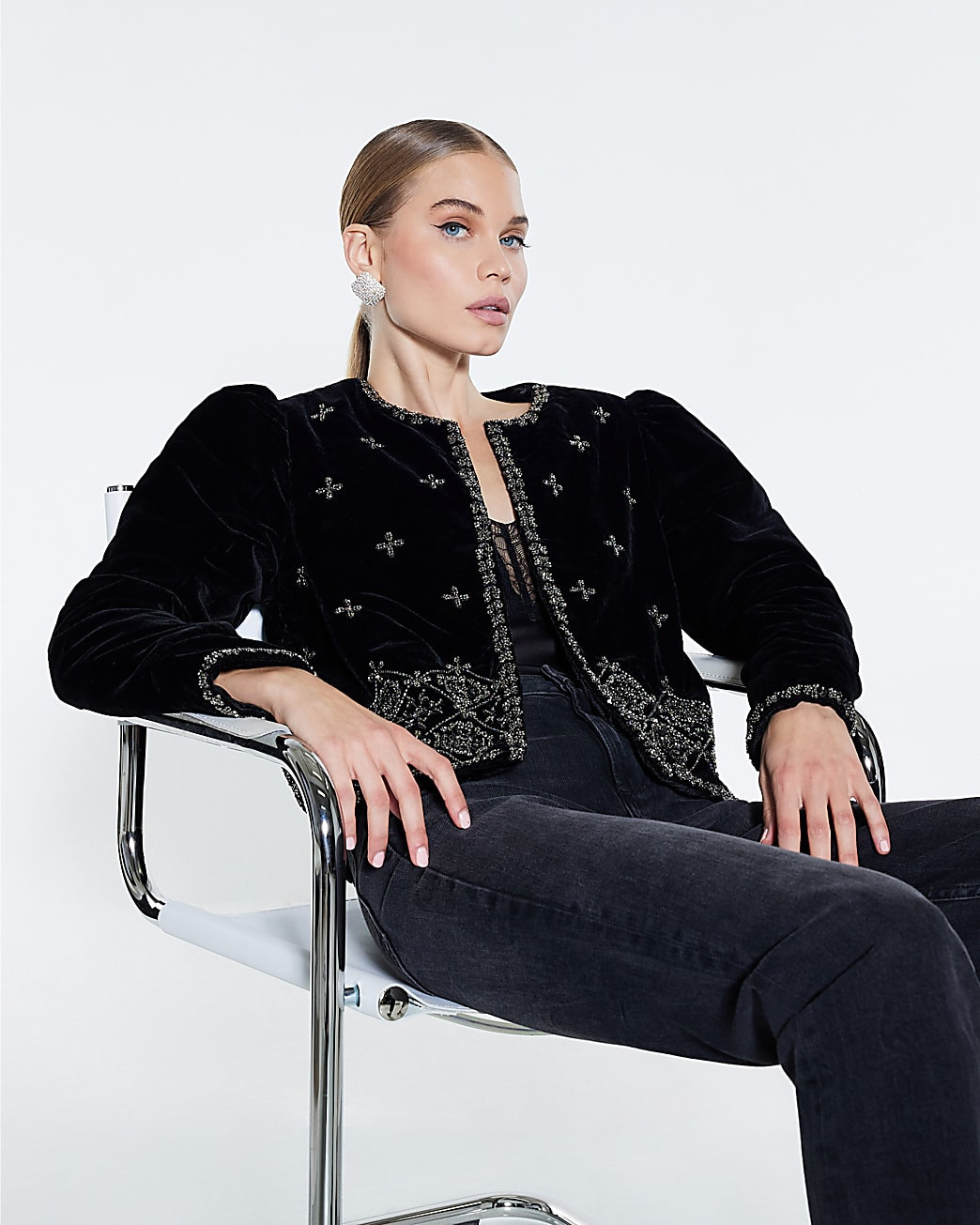Black Velvet Embellished Jacket | River Island UK & IE