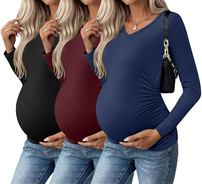 Ekouaer Womens Maternity Shirts Long Sleeve 3 Packs Pregnancy V-Neck Clothes Side Ruched Blouse T... | Amazon (US)