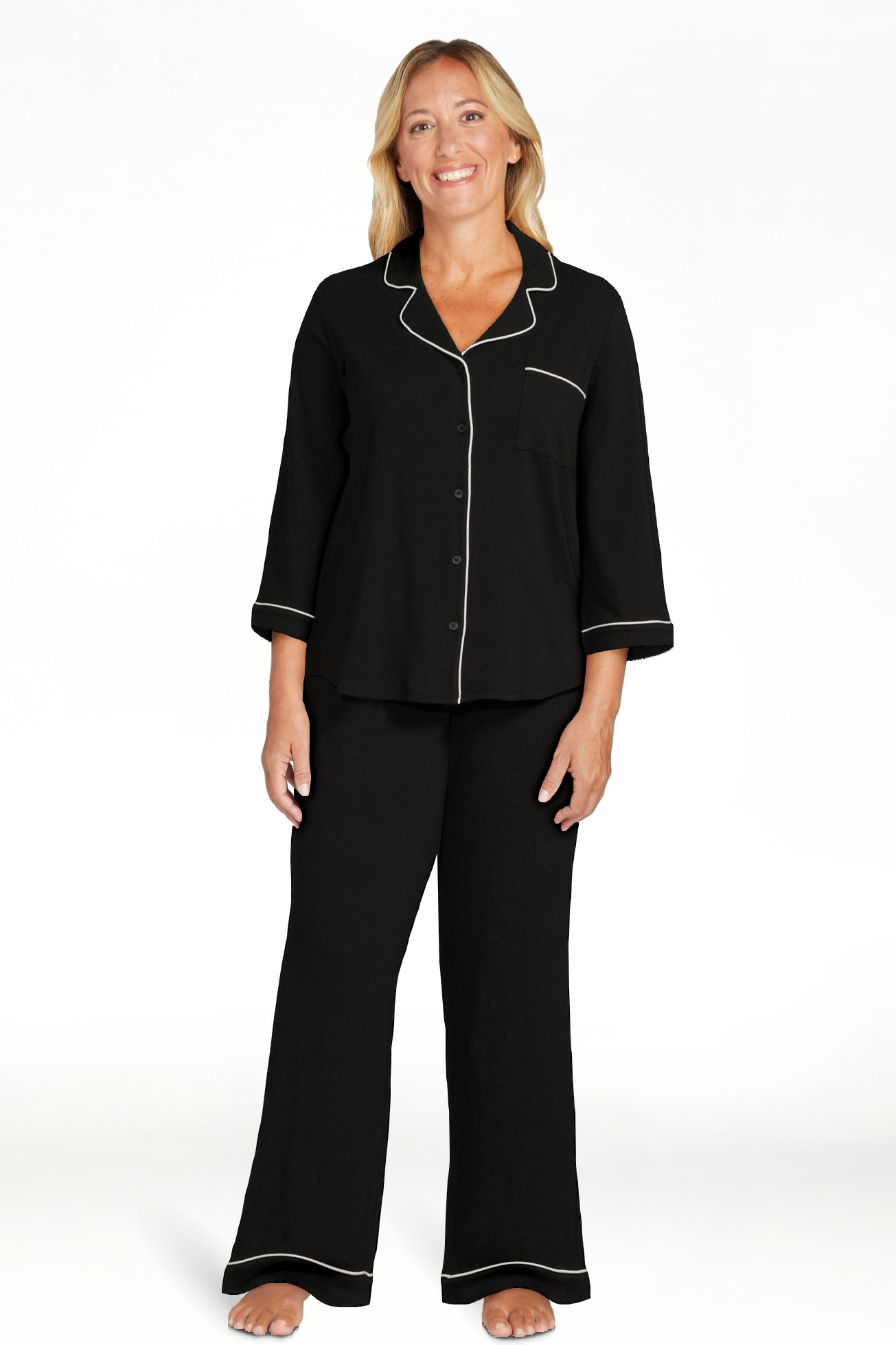 Joyspun Women’s Cotton Blend Notch Collar Top and Pants Pajama Set, 2-Piece, Sizes S-4X | Walmart (US)