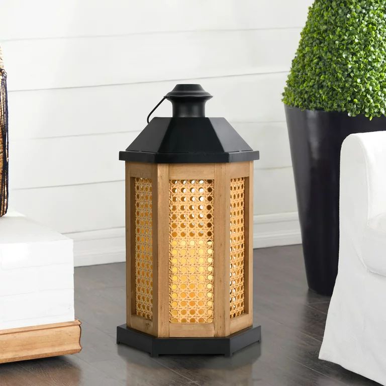 Better Homes & Gardens 12 Inch Natural Battery-operated Mixed Material Cane Lantern with Warm Whi... | Walmart (US)