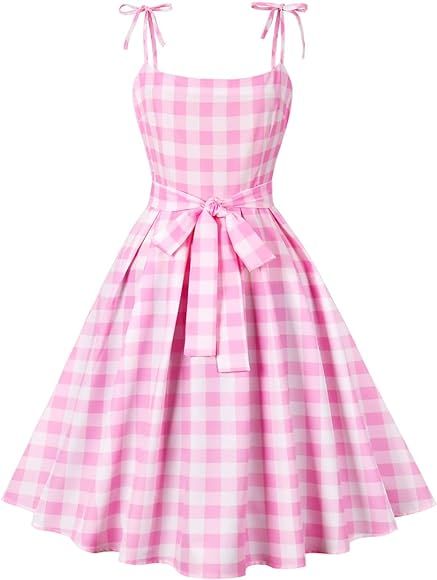 Vintage Pink Gingham Dress for Women Vintage 1950s Cocktail Party Swing Dress 50's Retro Spaghetti S | Amazon (US)