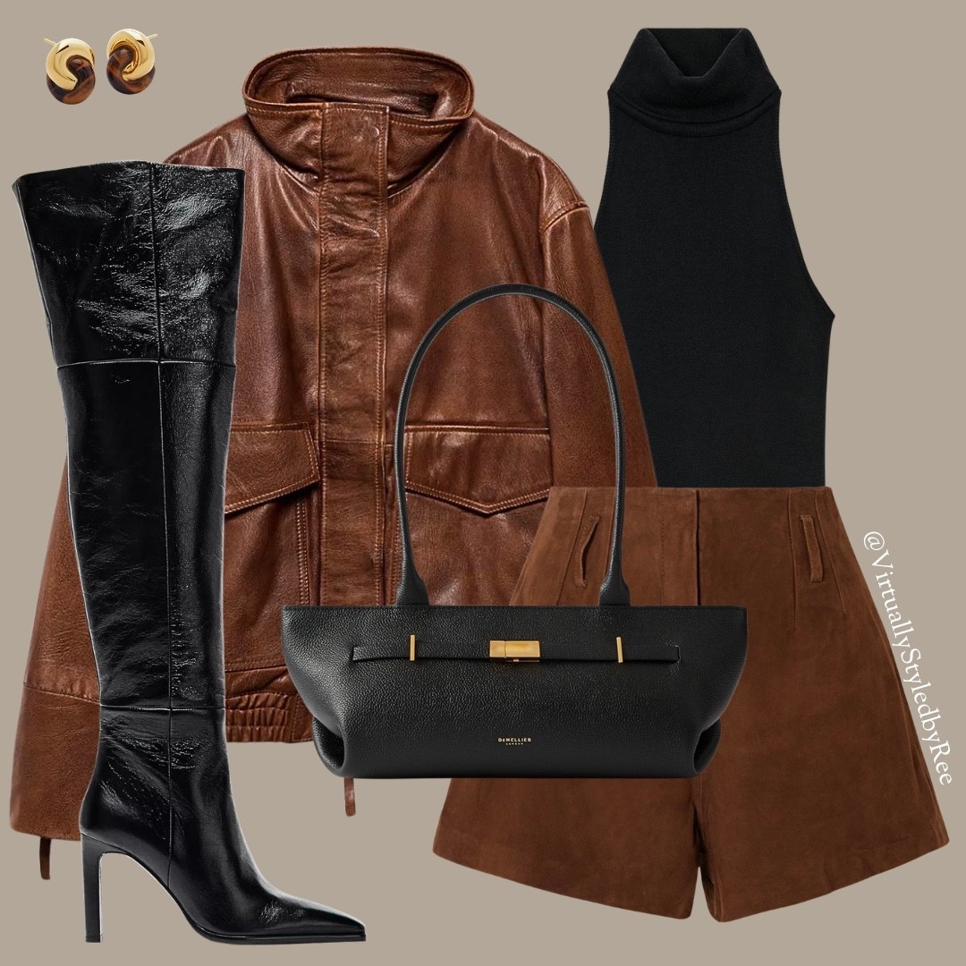 Spring outfit inspo 🤎

• Brown leather jacket  
• Black sleeveless turtleneck  
• Tailored brown shorts  
• Knee high boots  
• Everyday black tote  

This brown and black outfit is such an elevated neutral combo. Perfect for date night, dinner, or a chic city look.

Everything linked below ✨

Tags: Date Night, Zara, Suede Shorts, Leather Jacket, Brown Jacket, Top, Boots, Over Knee Boots, Demellier, Demellier Bag, Dinner Date, Bar, Night Out

#LTKootd #LTKspring #LTKUK