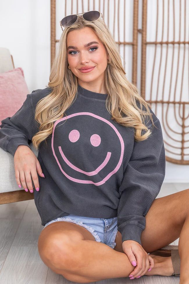 Pink Smiley Charcoal Corded Graphic Sweatshirt | Pink Lily
