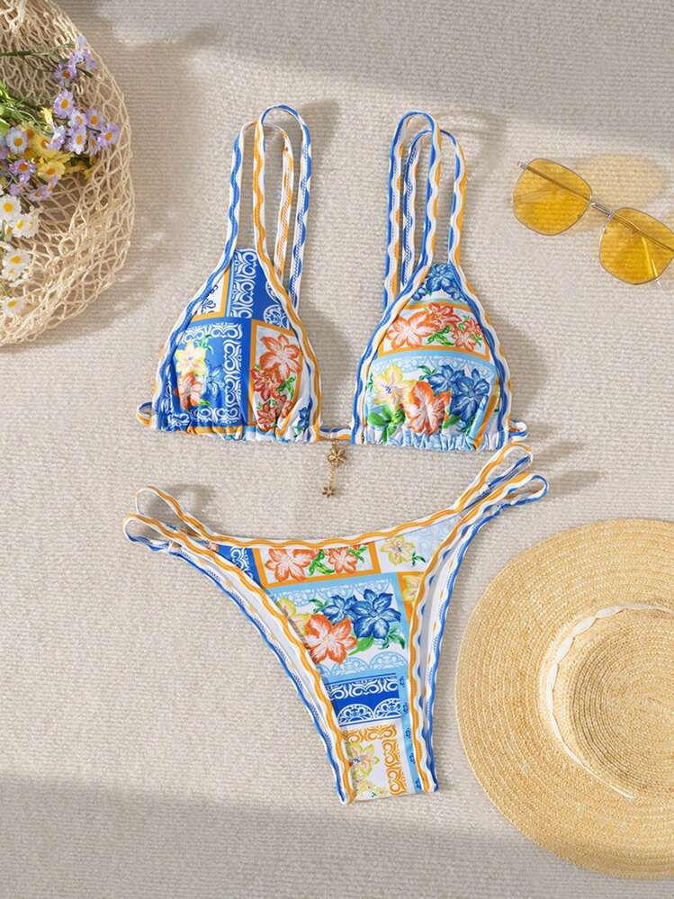 Swim Mod 2pcs/Set Women Beach Outfits With Random Flower Print, Metal Charm Decor Triangle Bikini... | SHEIN