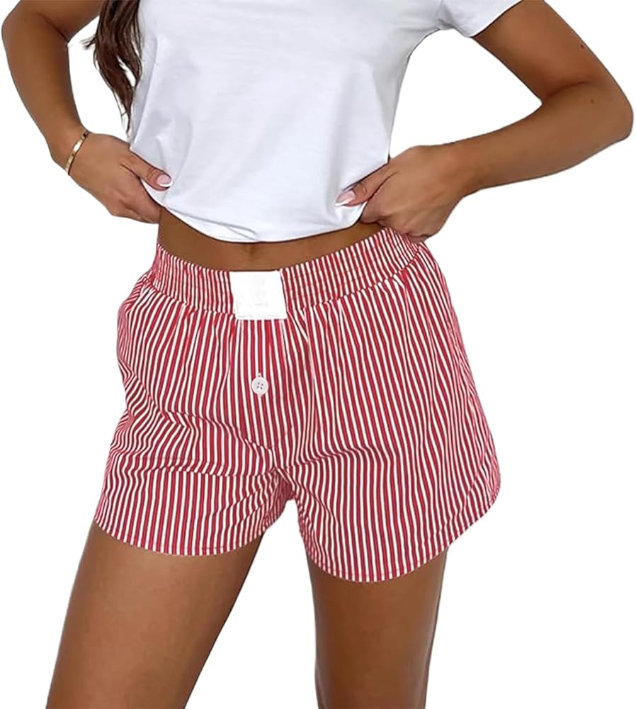 Allmloers Women Y2k Pajamas Shorts Elastic Waist Striped Boxers Bottoms with Pockets Comfy Summer... | Amazon (CA)