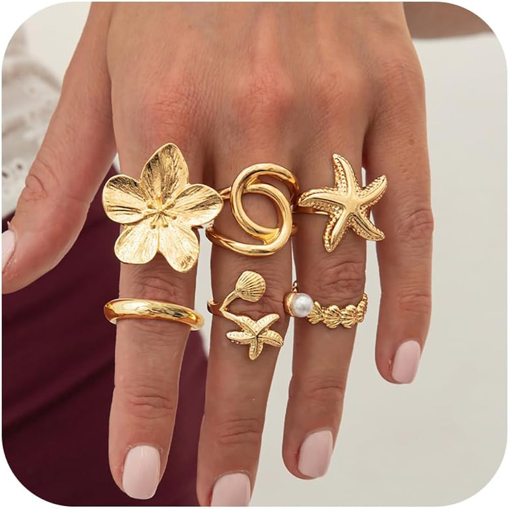 HUASAI Gold Chunky Beachy Rings Dainty Seashell Shell Starfish Flower Ring Set Boho Stackable Rin... | Amazon (US)