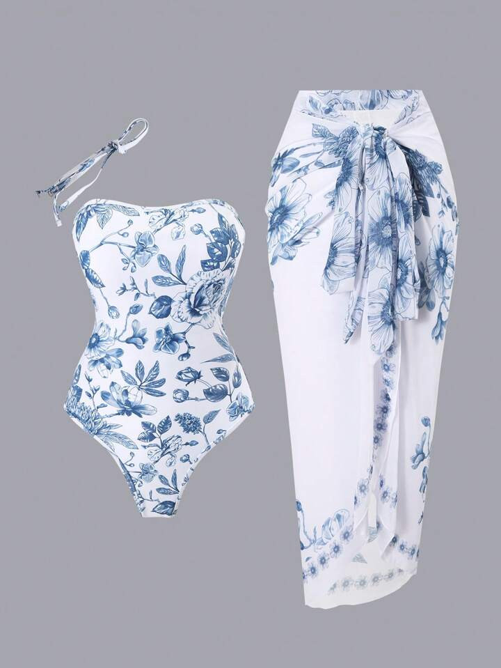Swim Oasis Beach Outfits For Women: 2-Piece Set With Detachable Strap Bandeau Floral Print Bodysu... | SHEIN