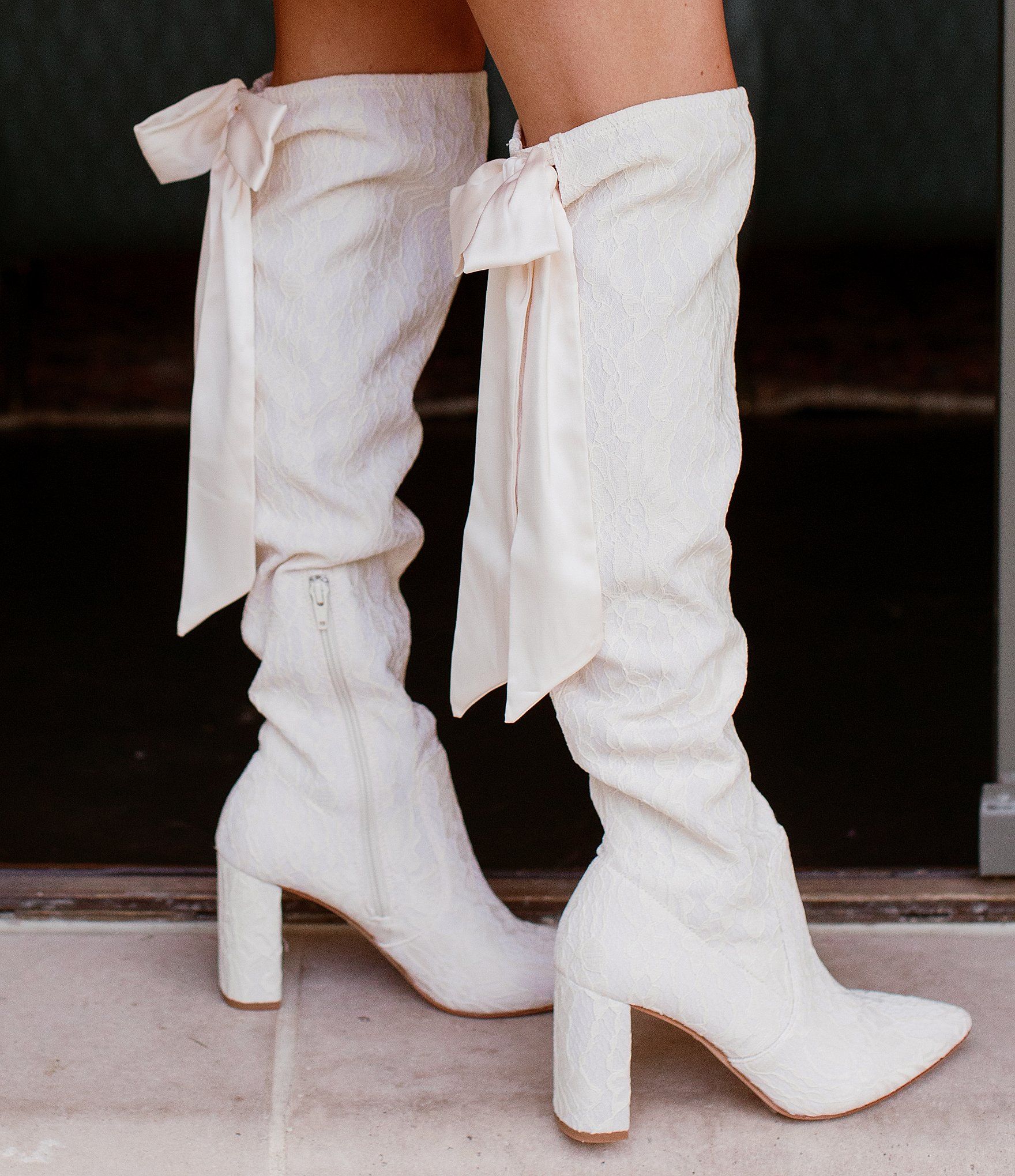 x Nicola Bathie Nicola Slim Calf Over-the-Knee Lace Detailed Silk Bow Dress Boots | Dillard's
