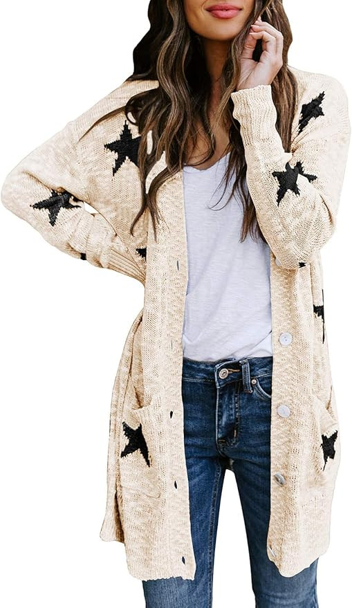 HAPCOPE Women's Star Print Button Down Knit Open Front Cardigan Sweaters with Pockets | Amazon (US)